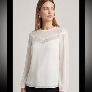 White House Black Market Ivory Sheer Yoke Lace-Trim Long Sleeve Blouse